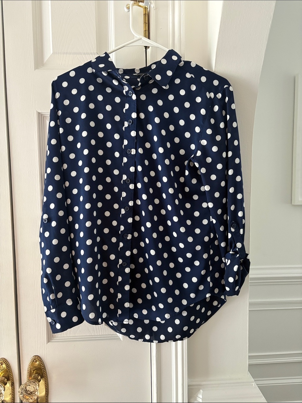 Ann Taylor Navy Blue Polka Dot Roll-Tab Sleeve Blouse - Size Small